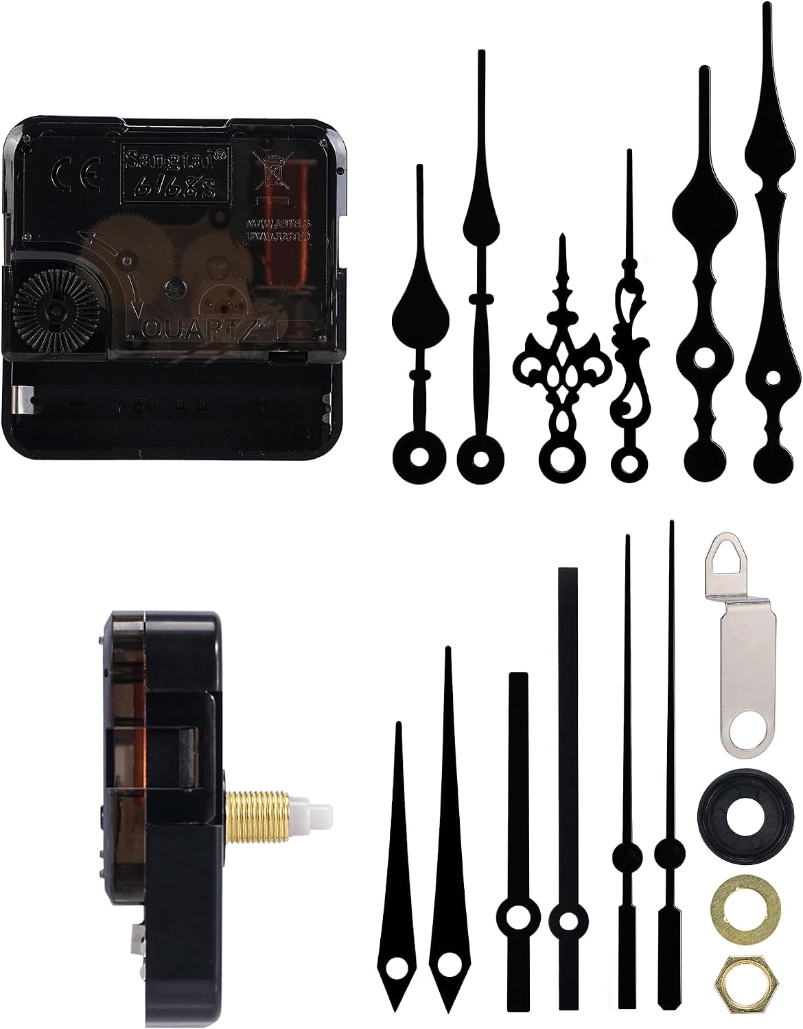 6168 Clock Mechanism Replacement, 16.5mm Total Shaft, Black Hands catalog image